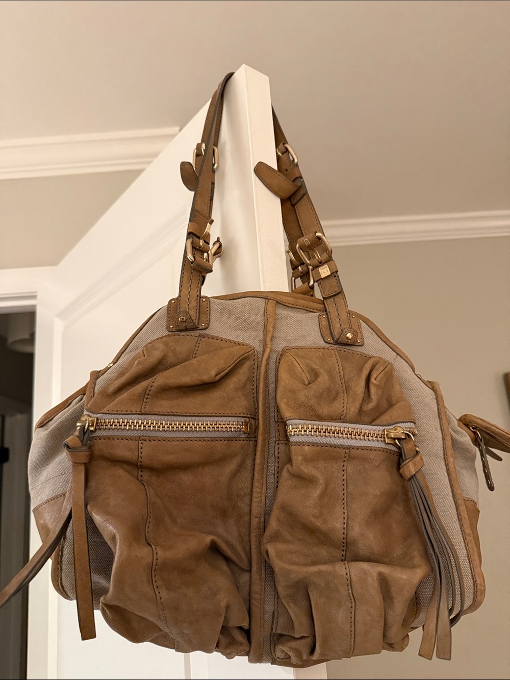 Anthropologie Tan Leather & Canvas Shoulder Bag with Gold Hardware